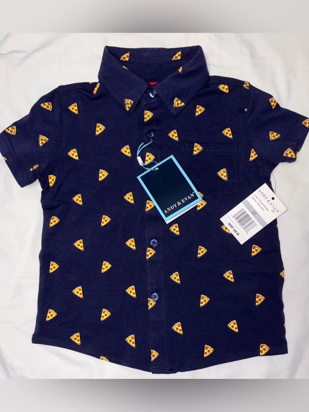 Andy and Evan navy button front knit shirt w/pizza design sz 2T NWT